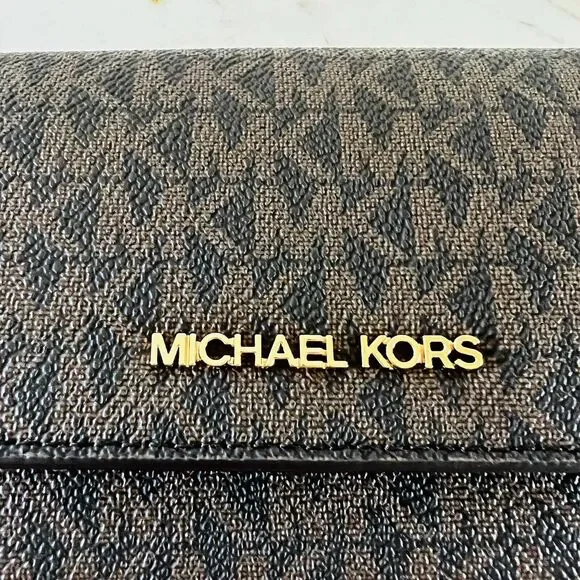 MICHAEL KORS Jet Set Travel Brown Logo Leather Tri-Fold Wallet - Picture 2 of 6